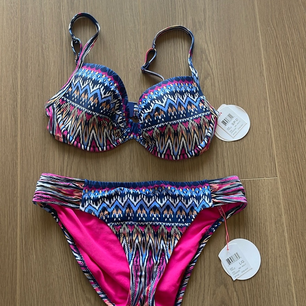🌸 NWT Profile Blush Boho Bikini Set – D Cup Top & Large Bottom Multicolor Print